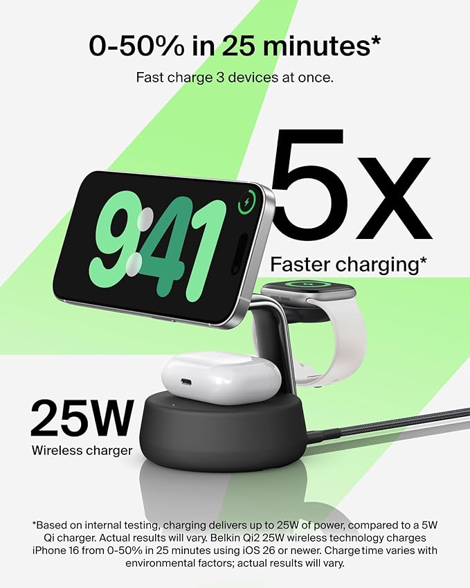 Belkin BOOST CHARGE PRO QI2 25w Magnetic 3in1 Premium Wireless Charging Stand, Charcoal