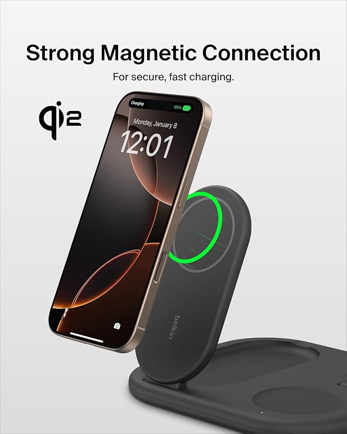 BELKIN BOOSTCHARGE 3-IN-1 MAGNETIC CHARGING STAND WITH QI2 FAST WIRELESS CHARGING 15 - BLACK