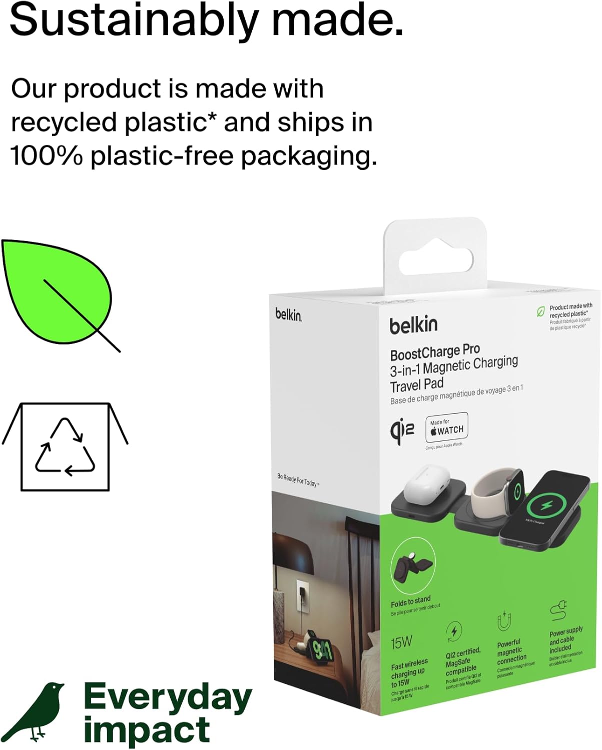 BELKIN BOOSTCHARGE 3IN1 TRAVEL WIRELESS CHARGING PAD WITH QI2 MAGNETIC 15W