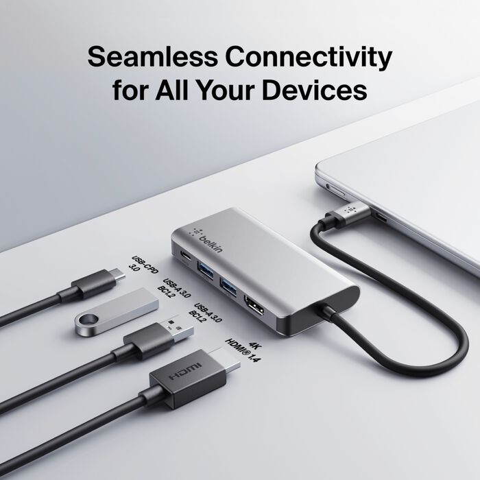 BELKIN CONNECT USB-C 4-IN-1 MULTIPORT ADAPTER. 2 X USB A 3.0 (5GPBS), 1 X HDMI 4K, 1XUSB C 100W PD, MAC AND WINDOWS COMPATIBLE