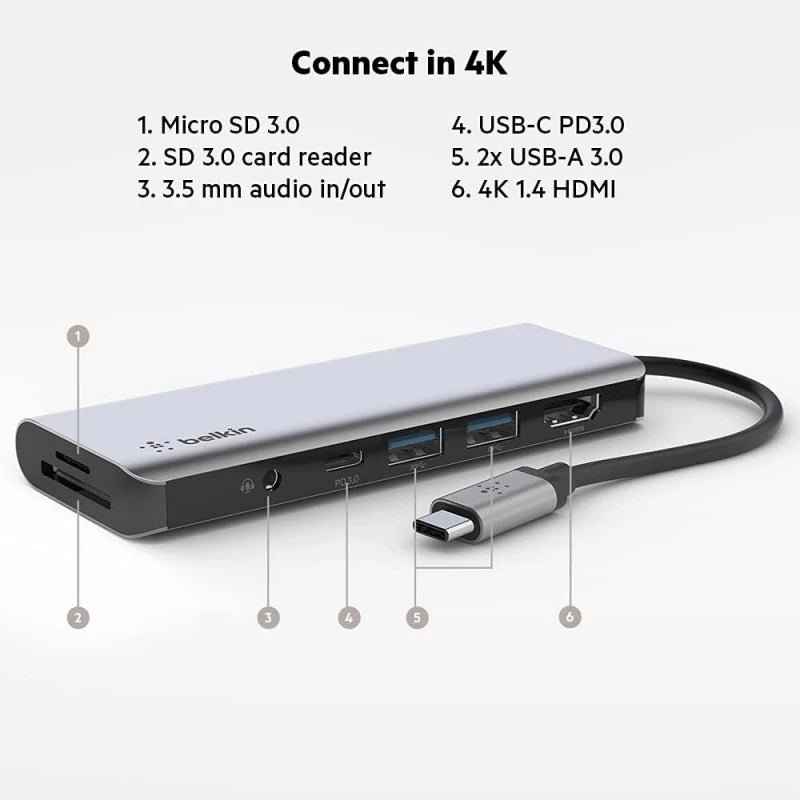 "BELKIN CONNECT USB-C 7-IN-1 MULTIPORT HUB ADAPTER SD 3.0 CARD READER MICRO SD CARD READER 3.5 MM AUDIO IN/OUT USB-C 3.0 PORT 2X USB-A BC1.2 PORTS 4K HDMI 1.4 PORT"