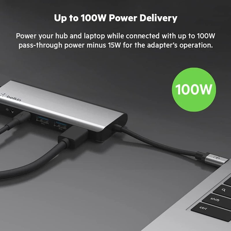 "BELKIN CONNECT USB-C 7-IN-1 MULTIPORT HUB ADAPTER SD 3.0 CARD READER MICRO SD CARD READER 3.5 MM AUDIO IN/OUT USB-C 3.0 PORT 2X USB-A BC1.2 PORTS 4K HDMI 1.4 PORT"