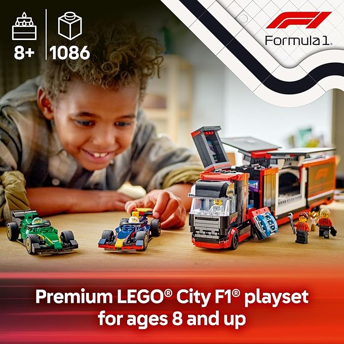 LEGO City F1 Truck with RB20 & AMR24 F1 Car Toys , Ages 8+