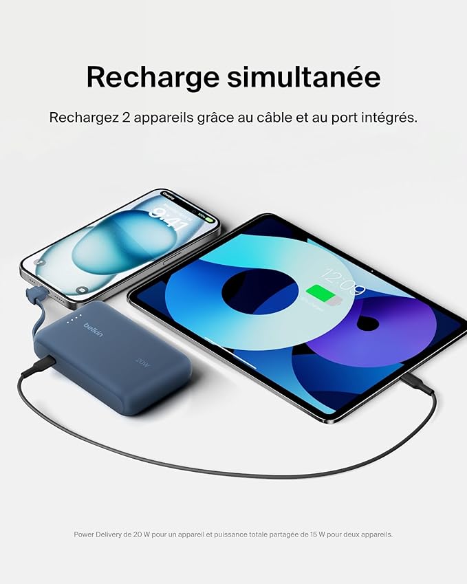 BELKIN BOOSTCHARGE POWER BANK 10K, PD 20W WITH USB-C INTEGRATED CABLE AND USB-C PORT- BLUE