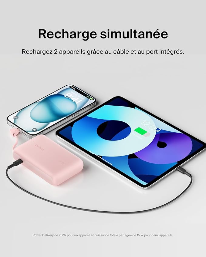 BELKIN BOOSTCHARGE POWER BANK 10K, PD 20W WITH USB-C INTEGRATED CABLE AND USB-C PORT- Pink