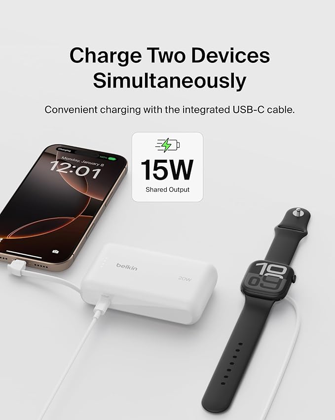 BELKIN BOOSTCHARGE POWER BANK 10K, PD 20W WITH USB-C INTEGRATED CABLE AND USB-C PORT- White