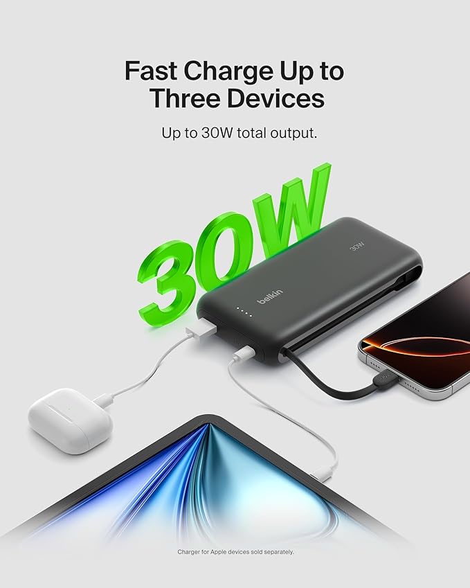 BELKIN BOOSTCHARGE POWER BANK 20K, PD 30W WITH USB-C INTEGRATED CABLE AND USB-C & USB-A PORTS - BLACK