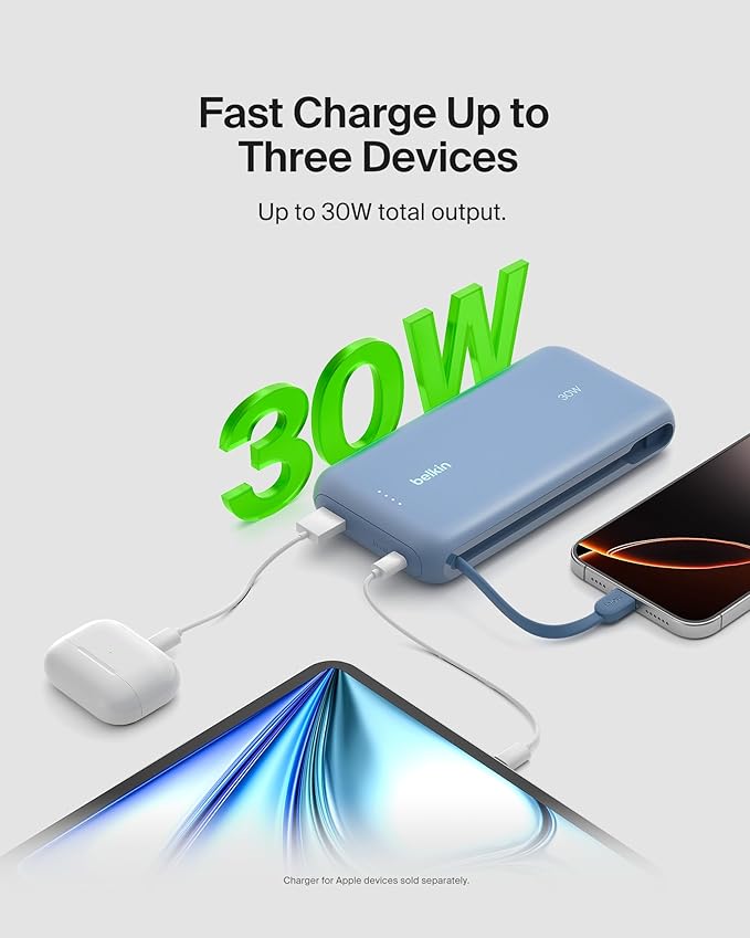 BELKIN BOOSTCHARGE POWER BANK 20K, PD 30W WITH USB-C INTEGRATED CABLE AND USB-C & USB-A PORTS - Blue