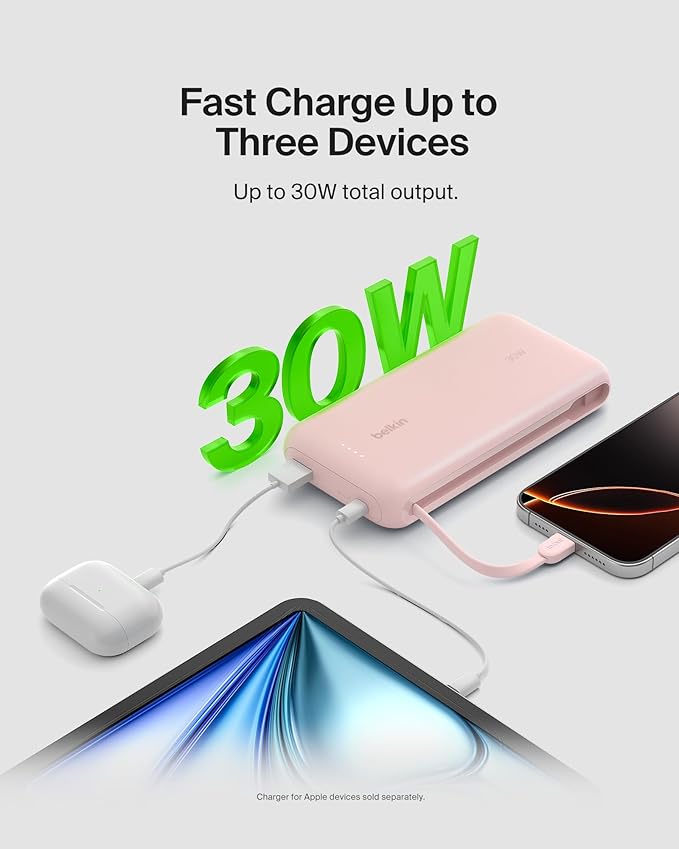 BELKIN BOOSTCHARGE POWER BANK 20K, PD 30W WITH USB-C INTEGRATED CABLE AND USB-C & USB-A PORTS - Pink