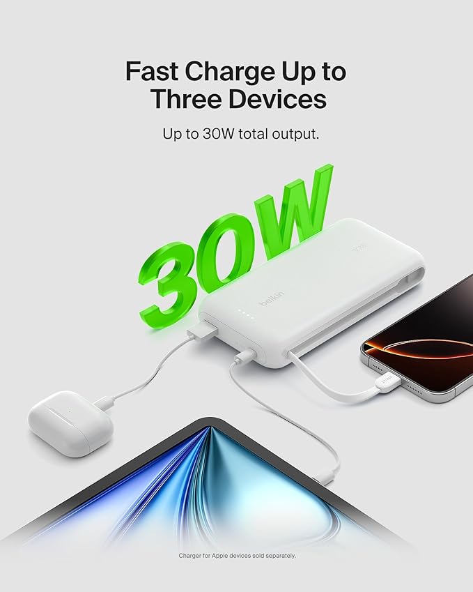 BELKIN BOOSTCHARGE POWER BANK 20K, PD 30W WITH USB-C INTEGRATED CABLE AND USB-C & USB-A PORTS - White