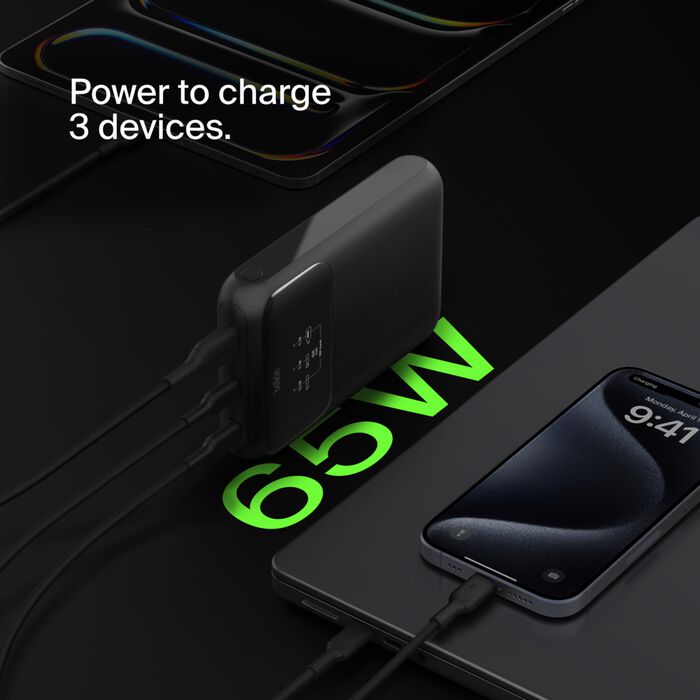 BELKIN BOOSTCHARGE PRO 3-PORT LAPTOP POWER BANK 20K, 65W PD - BLACK
