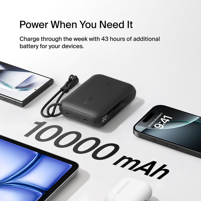 BELKIN BOOSTCHARGE POWER BANK 10K WITH DISPLAY, PD 20W WITH USB-C CABLE - BLACK