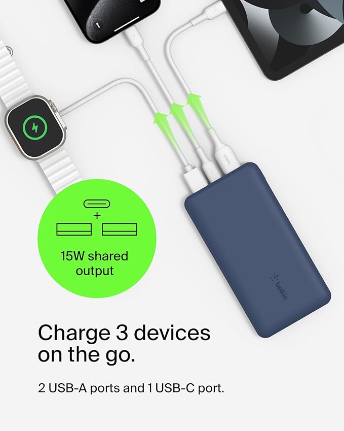 BELKIN BOOSTCHARGE 3-PORT 10K POWER BANK WITH USB-C 15W, DUAL USB-A, 15CM USB-A TO USB-C CABLE - Blue
