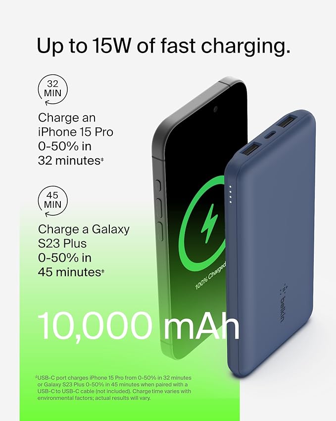 BELKIN BOOSTCHARGE 3-PORT 10K POWER BANK WITH USB-C 15W, DUAL USB-A, 15CM USB-A TO USB-C CABLE - Blue