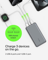 BELKIN BOOSTCHARGE 3-PORT 10K POWER BANK WITH USB-C 15W, DUAL USB-A, 15CM USB-A TO USB-C CABLE - Gray