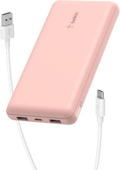 BELKIN BOOSTCHARGE 3-PORT 10K POWER BANK WITH USB-C 15W, DUAL USB-A, 15CM USB-A TO USB-C CABLE - Pink