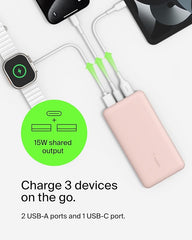 BELKIN BOOSTCHARGE 3-PORT 10K POWER BANK WITH USB-C 15W, DUAL USB-A, 15CM USB-A TO USB-C CABLE - Pink