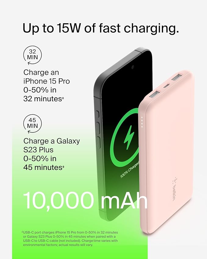 BELKIN BOOSTCHARGE 3-PORT 10K POWER BANK WITH USB-C 15W, DUAL USB-A, 15CM USB-A TO USB-C CABLE - Pink