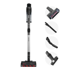 A cordless stick vacuum cleaner with four interchangeable attachments shown on a plain white background. The main vacuum is tall and slim, with a transparent dust bin and black-and-silver body.