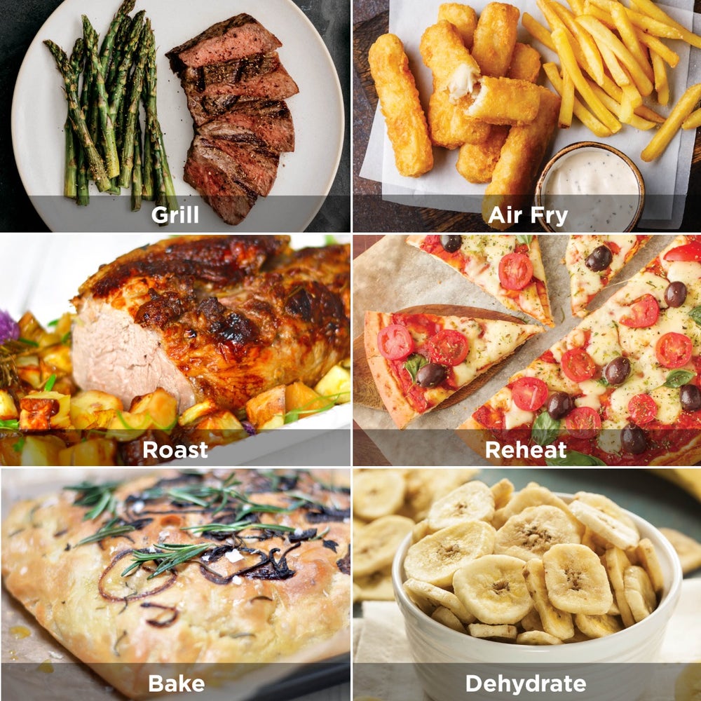 Grid of food images with labels for different cooking methods including Grill, Air Fry, Roast, Reheat, Bake, and Dehydrate.