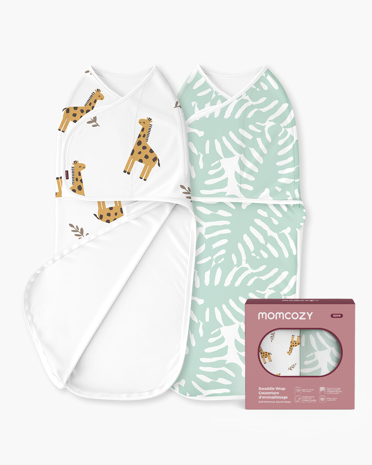 Momcozy Easy Swaddle Wrap 0-3M, 2-Pack - Giraffe & Leaf (Bravery)