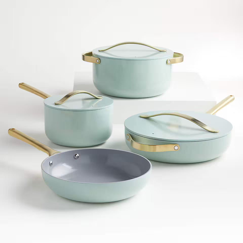 Caraway Home Cream 7-Piece Silt Green Non-Stick Cookware Set with Gold Hardware