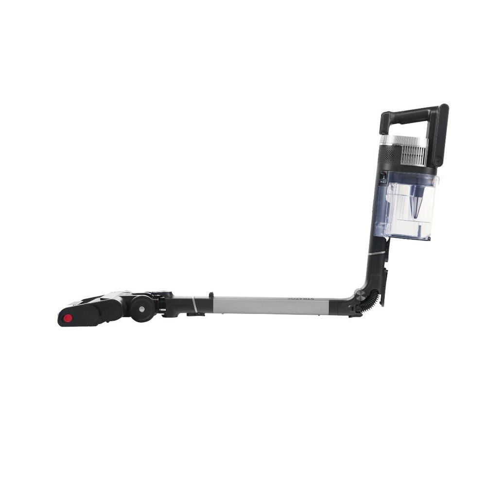 A cordless stick vacuum cleaner with a long silver and black handle, a transparent dust bin, and a black handle grip, shown from a side profile on a solid white background.