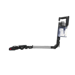 A cordless stick vacuum cleaner with a long silver and black handle, a transparent dust bin, and a black handle grip, shown from a side profile on a solid white background.