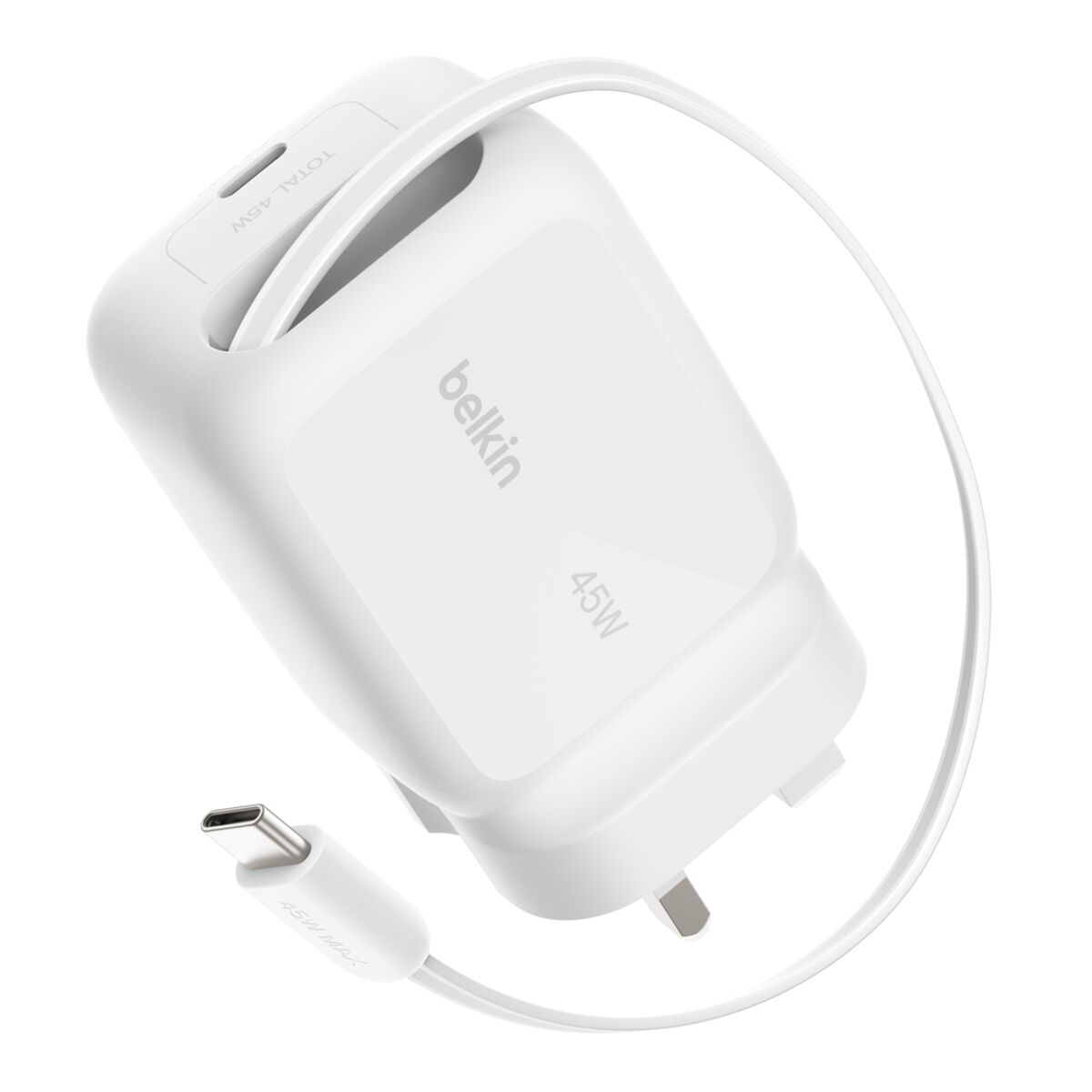 Belkin 45W GaN Wall Charger with Retractable USB-C Cable - White
