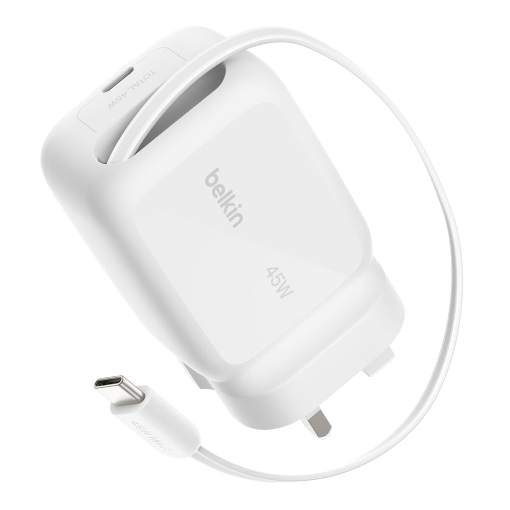 Belkin 45W GaN Wall Charger with Retractable USB-C Cable - White