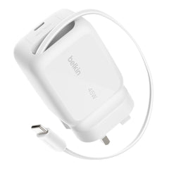 Belkin 45W GaN Wall Charger with Retractable USB-C Cable - White