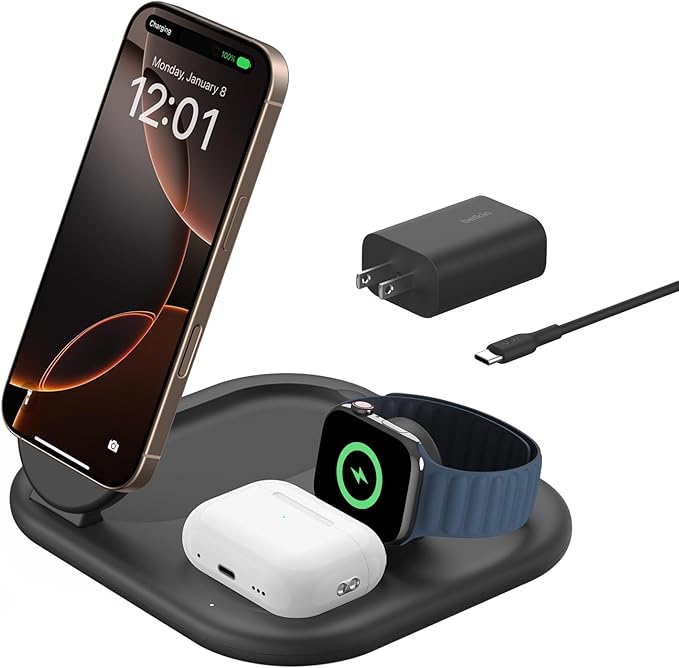 BELKIN BOOSTCHARGE 3-IN-1 MAGNETIC CHARGING STAND WITH QI2 FAST WIRELESS CHARGING 15 - BLACK