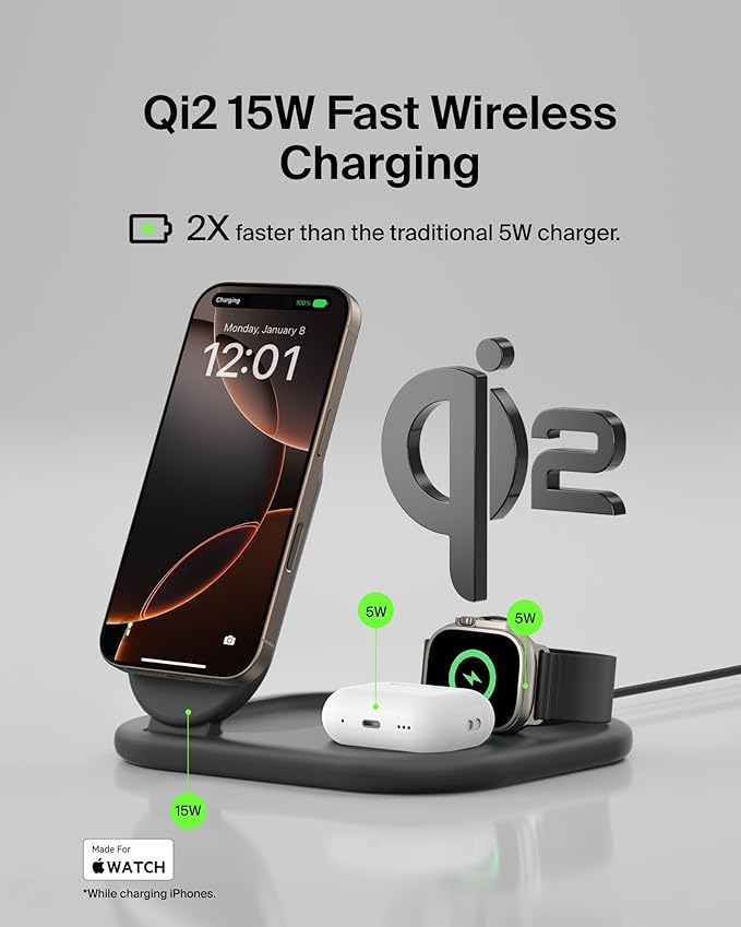 BELKIN BOOSTCHARGE 3-IN-1 MAGNETIC CHARGING STAND WITH QI2 FAST WIRELESS CHARGING 15 - BLACK