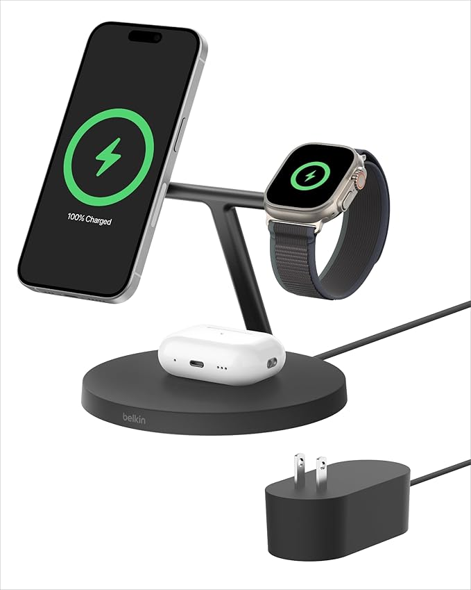 BELKIN BOOSTCHARGE 3-IN-1 QI2 WIRELESS CHARGER, MAGSAFE COMPATIBLE, FOR APPLE IPHONE 16 SERIES, APPLE WATCH, AIRPODS, PSU INCLUDED - BLACK