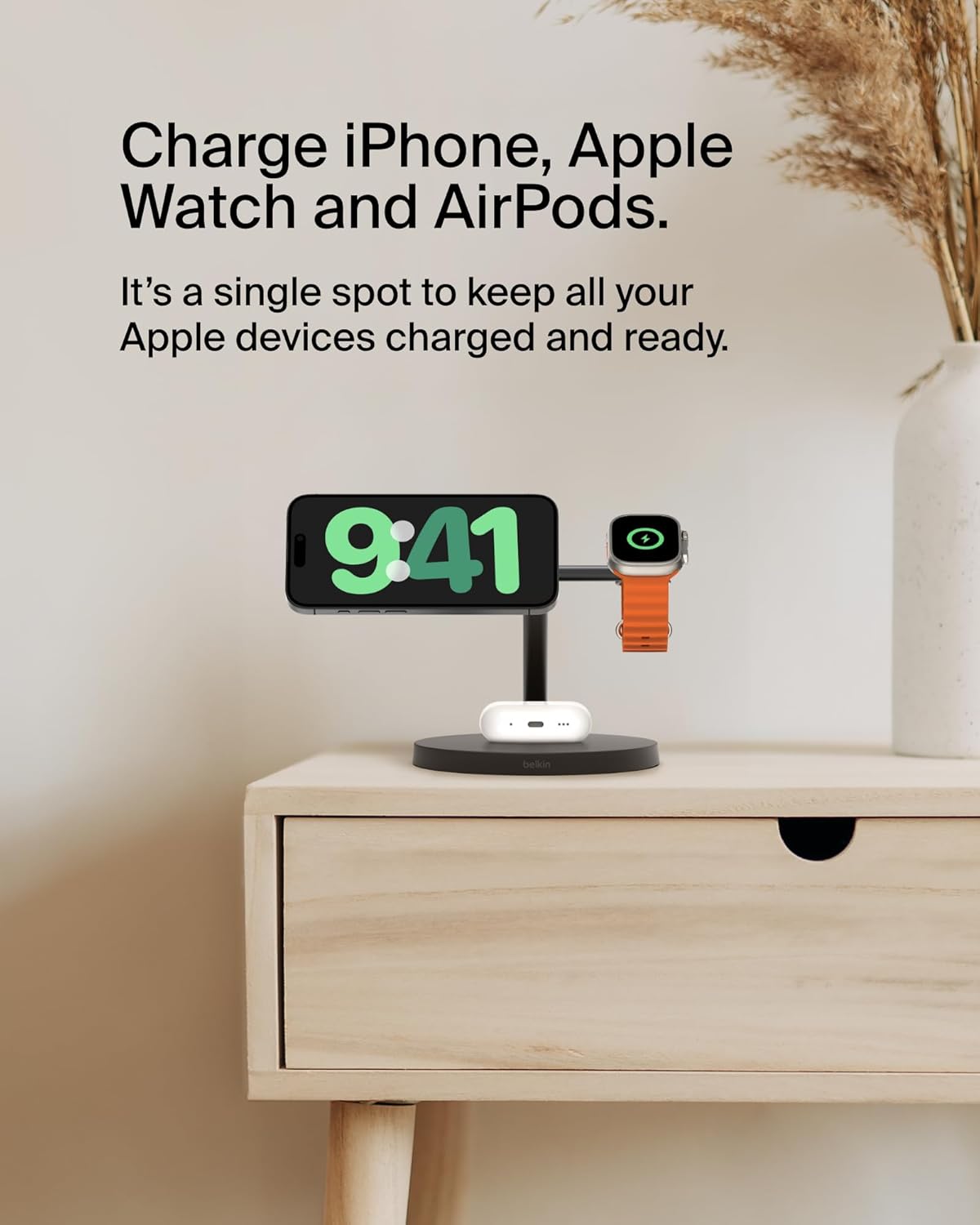 BELKIN BOOSTCHARGE 3-IN-1 QI2 WIRELESS CHARGER, MAGSAFE COMPATIBLE, FOR APPLE IPHONE 16 SERIES, APPLE WATCH, AIRPODS, PSU INCLUDED - BLACK