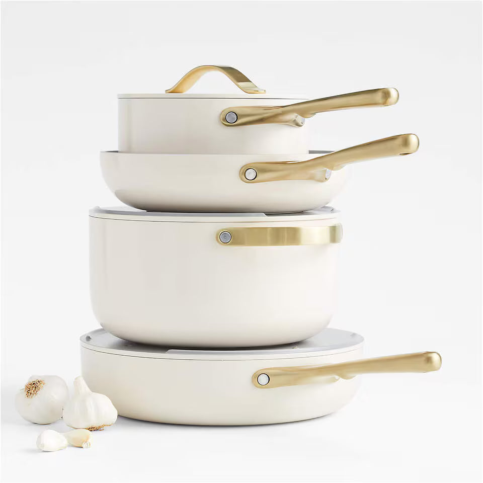 Caraway Home Cream 7-Piece Ceramic Non-Stick Cookware Set with Gold Hardware