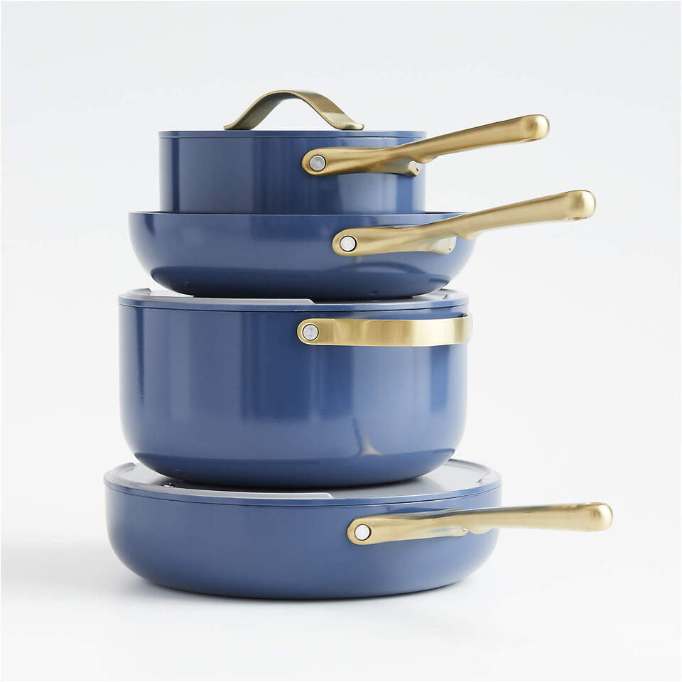 Caraway Home Cream 7-Piece Sapphire Blue Non-Stick Cookware Set with Gold Hardware