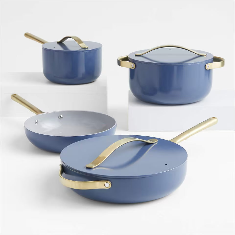 Caraway Home Cream 7-Piece Sapphire Blue Non-Stick Cookware Set with Gold Hardware