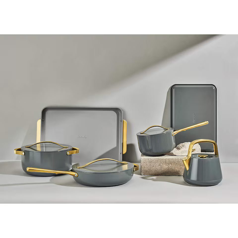 Caraway Home Cream 7-Piece Graphite Gold Non-Stick Cookware Set with Gold Hardware