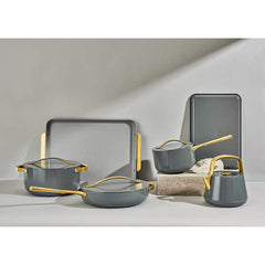 Caraway Home Cream 7-Piece Graphite Gold Non-Stick Cookware Set with Gold Hardware