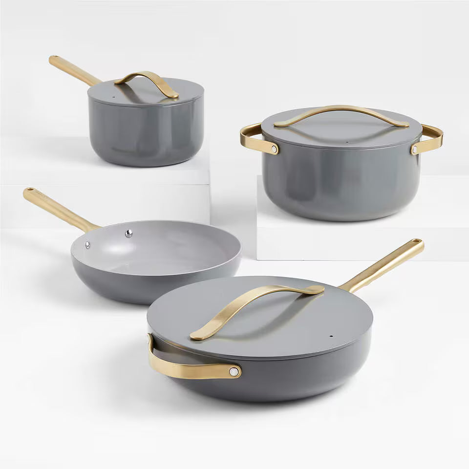 Caraway Home Cream 7-Piece Graphite Gold Non-Stick Cookware Set with Gold Hardware