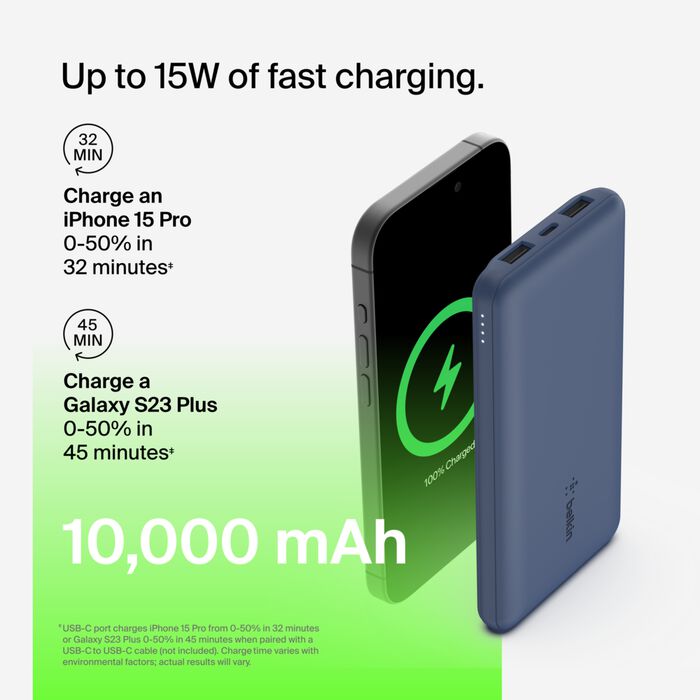BELKIN BOOSTCHARGE 3-PORT 10K POWER BANK WITH USB-C 15W, DUAL USB-A, 15CM USB-A TO USB-C CABLE - Blue BELKIN BOOSTCHARGE 3-PORT 10K POWER BANK WITH USB-C 15W, DUAL USB-A, 15CM USB-A TO USB-C CABLE - Blue