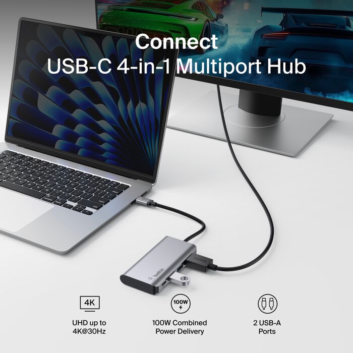 BELKIN CONNECT USB-C 4-IN-1 MULTIPORT ADAPTER. 2 X USB A 3.0 (5GPBS), 1 X HDMI 4K, 1XUSB C 100W PD, MAC AND WINDOWS COMPATIBLE