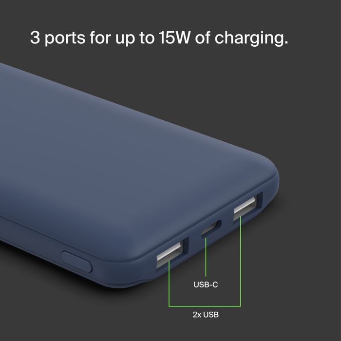 BELKIN BOOSTCHARGE 3-PORT 10K POWER BANK WITH USB-C 15W, DUAL USB-A, 15CM USB-A TO USB-C CABLE - Blue BELKIN BOOSTCHARGE 3-PORT 10K POWER BANK WITH USB-C 15W, DUAL USB-A, 15CM USB-A TO USB-C CABLE - Blue