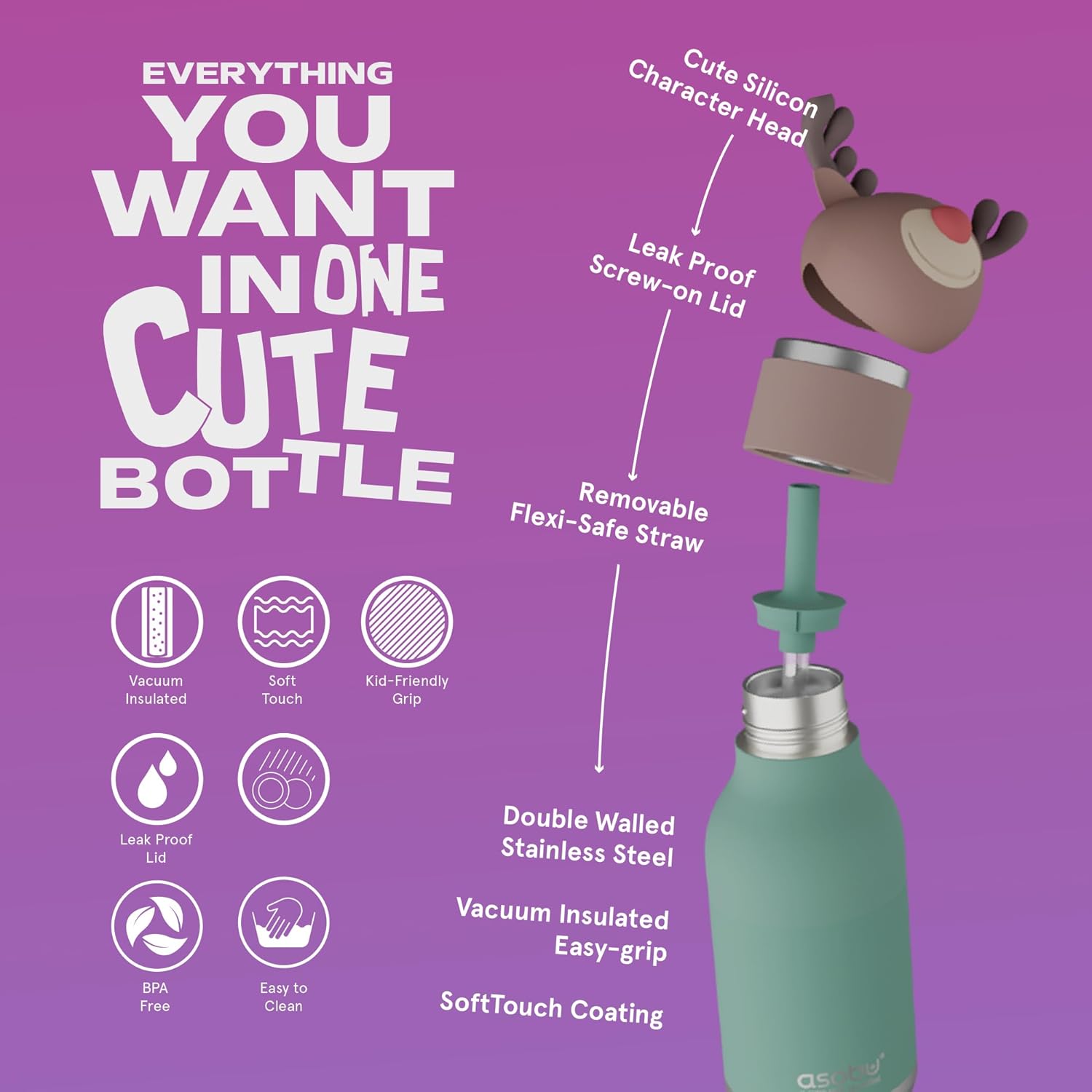 asobu Bestie Bottle Insulated Stainless Steel Water Bottle (Reindeer)