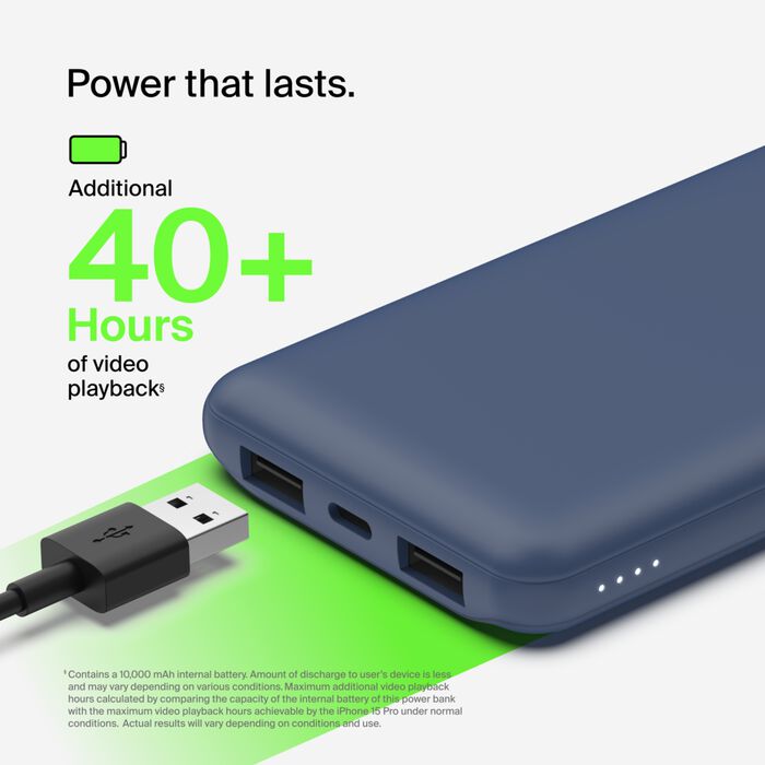 BELKIN BOOSTCHARGE 3-PORT 10K POWER BANK WITH USB-C 15W, DUAL USB-A, 15CM USB-A TO USB-C CABLE - Blue BELKIN BOOSTCHARGE 3-PORT 10K POWER BANK WITH USB-C 15W, DUAL USB-A, 15CM USB-A TO USB-C CABLE - Blue
