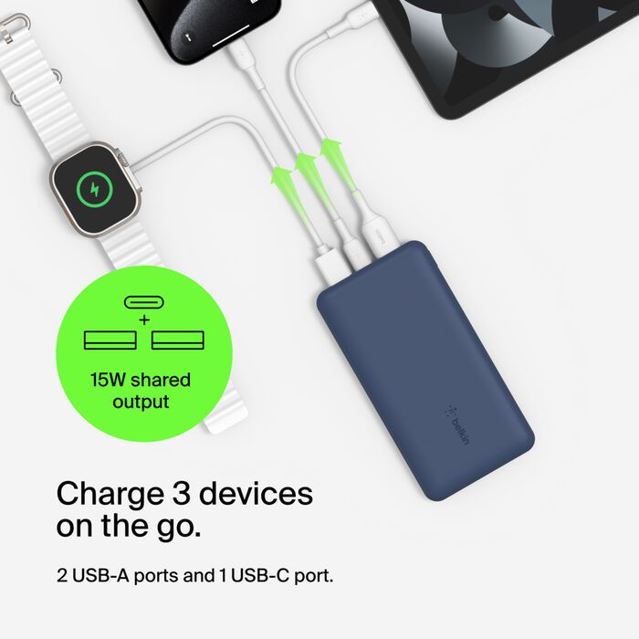 BELKIN BOOSTCHARGE 3-PORT 10K POWER BANK WITH USB-C 15W, DUAL USB-A, 15CM USB-A TO USB-C CABLE - Blue BELKIN BOOSTCHARGE 3-PORT 10K POWER BANK WITH USB-C 15W, DUAL USB-A, 15CM USB-A TO USB-C CABLE - Blue
