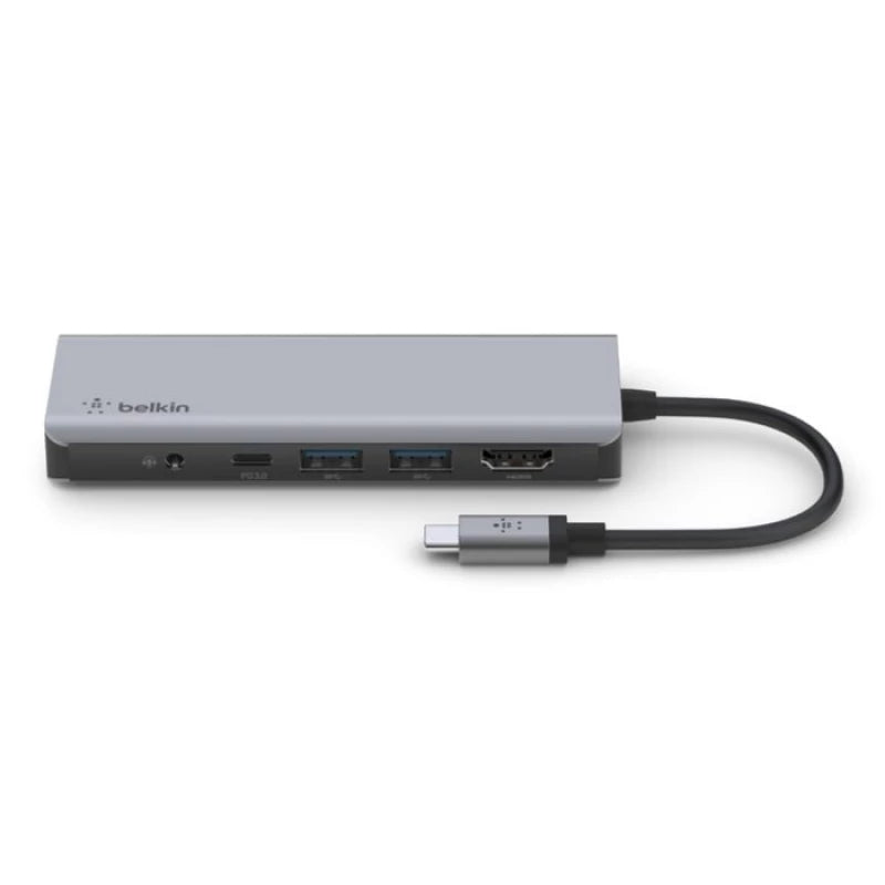 "BELKIN CONNECT USB-C 7-IN-1 MULTIPORT HUB ADAPTER SD 3.0 CARD READER MICRO SD CARD READER 3.5 MM AUDIO IN/OUT USB-C 3.0 PORT 2X USB-A BC1.2 PORTS 4K HDMI 1.4 PORT"
