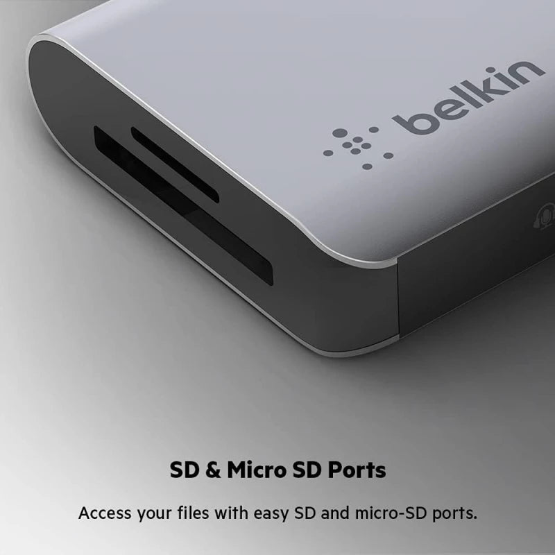 "BELKIN CONNECT USB-C 7-IN-1 MULTIPORT HUB ADAPTER SD 3.0 CARD READER MICRO SD CARD READER 3.5 MM AUDIO IN/OUT USB-C 3.0 PORT 2X USB-A BC1.2 PORTS 4K HDMI 1.4 PORT"