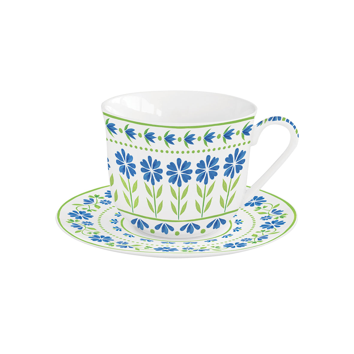 Easy Life Flowers Garden 370ml Teacup & Saucer Set - Blue & Green